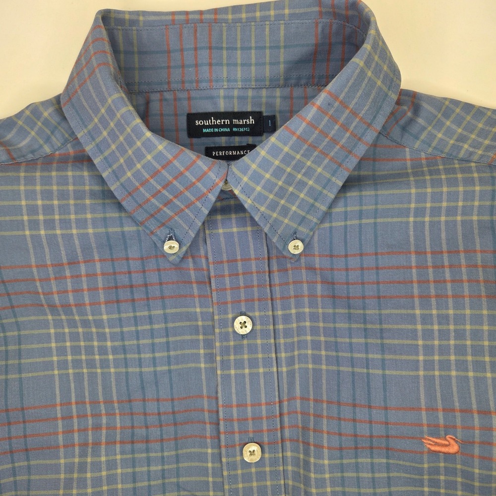Southern Marsh Performance Mens Large Blue Plaid Button Down Shirt L